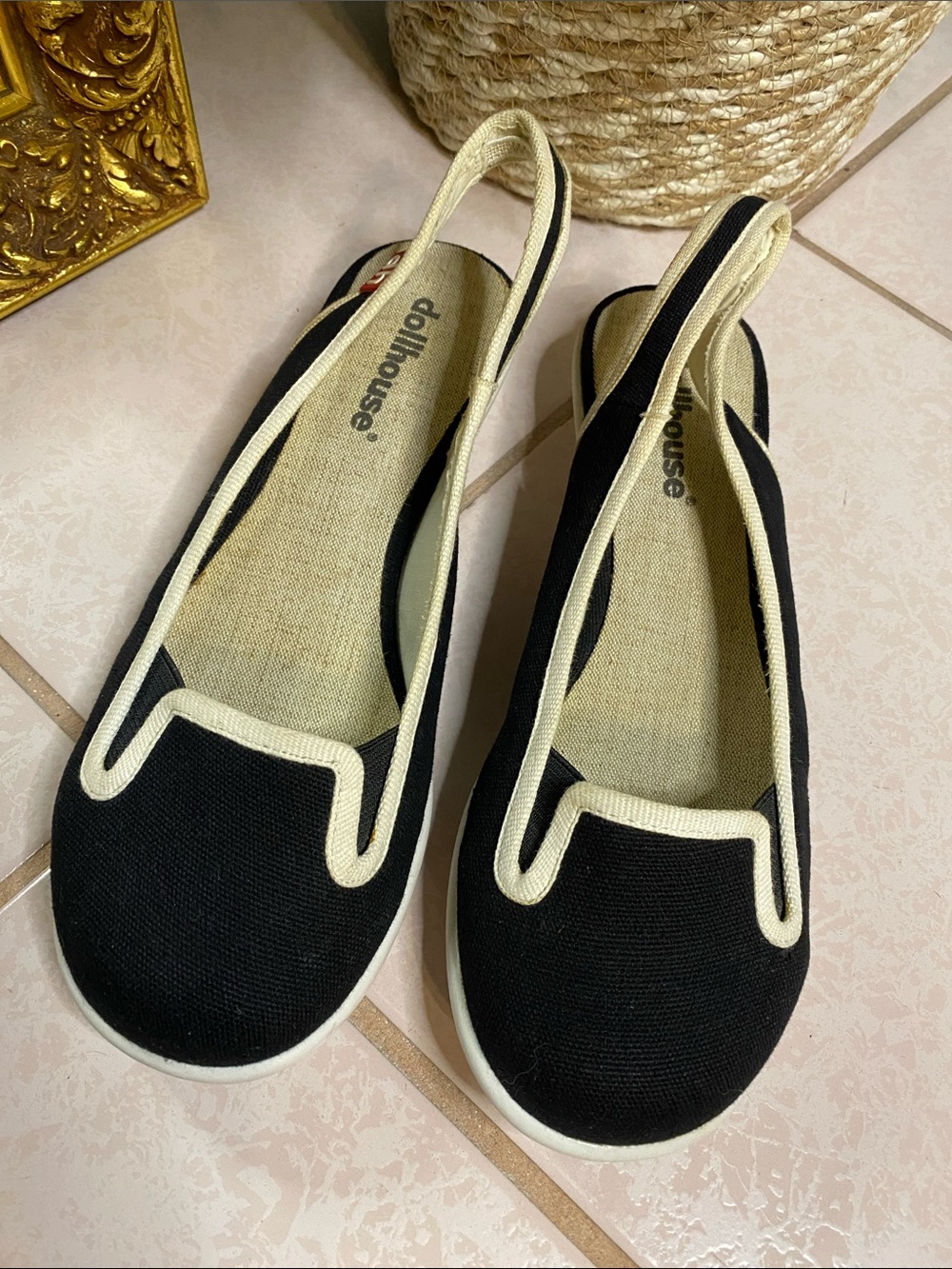 Dollhouse Black and Cream Canvas Slingback Flats
